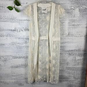 LulaVida Collective Ivory Floral Sheer Lace Kimono Duster Sz S Romantic Bohemian